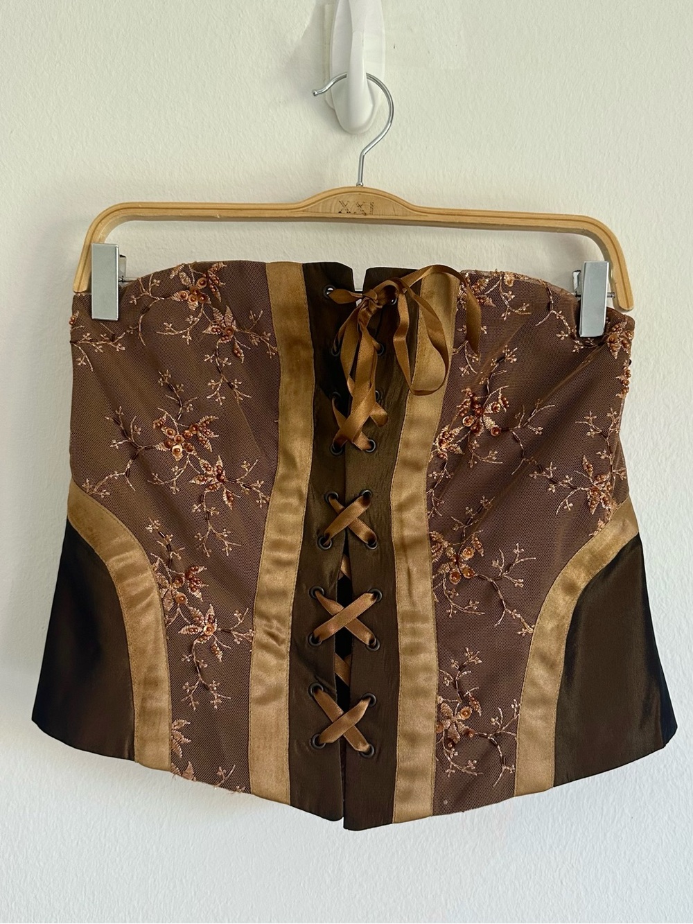 Vintage Kiru Corset Tank Top Brown Floral Embroidered Fairy Whimsigoth Italy XL